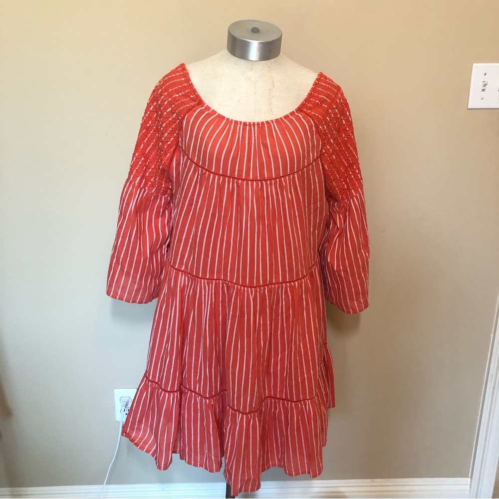 Free people Lola embroidered mini dress stripe open back tassel bell sleeve